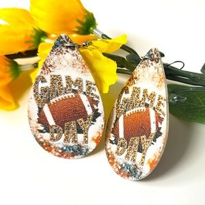 Football earrings, "Game Day” teardrop shape faux leather, New. Textured. 2.25”